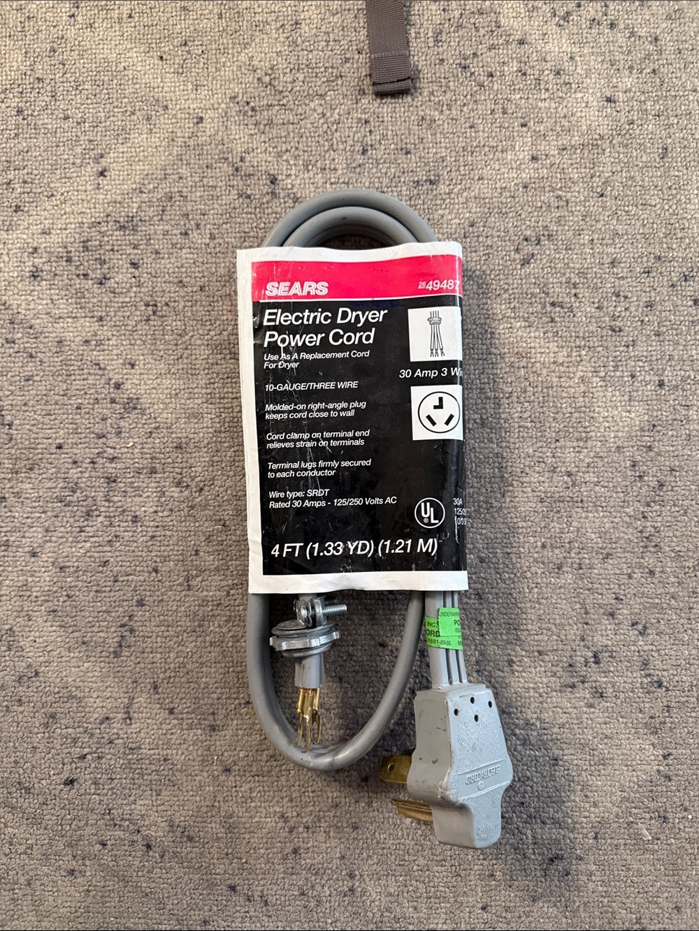 Sears Gray Electric Dryer Power Cord with White/Red Label